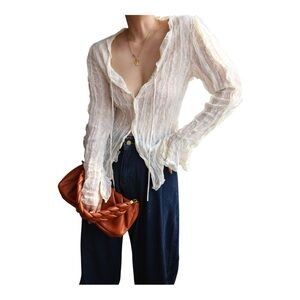 COMMENSE Chiffon Sheer Lettuce Trim Long Sleeve Blouse Off-White Size Medium NWT